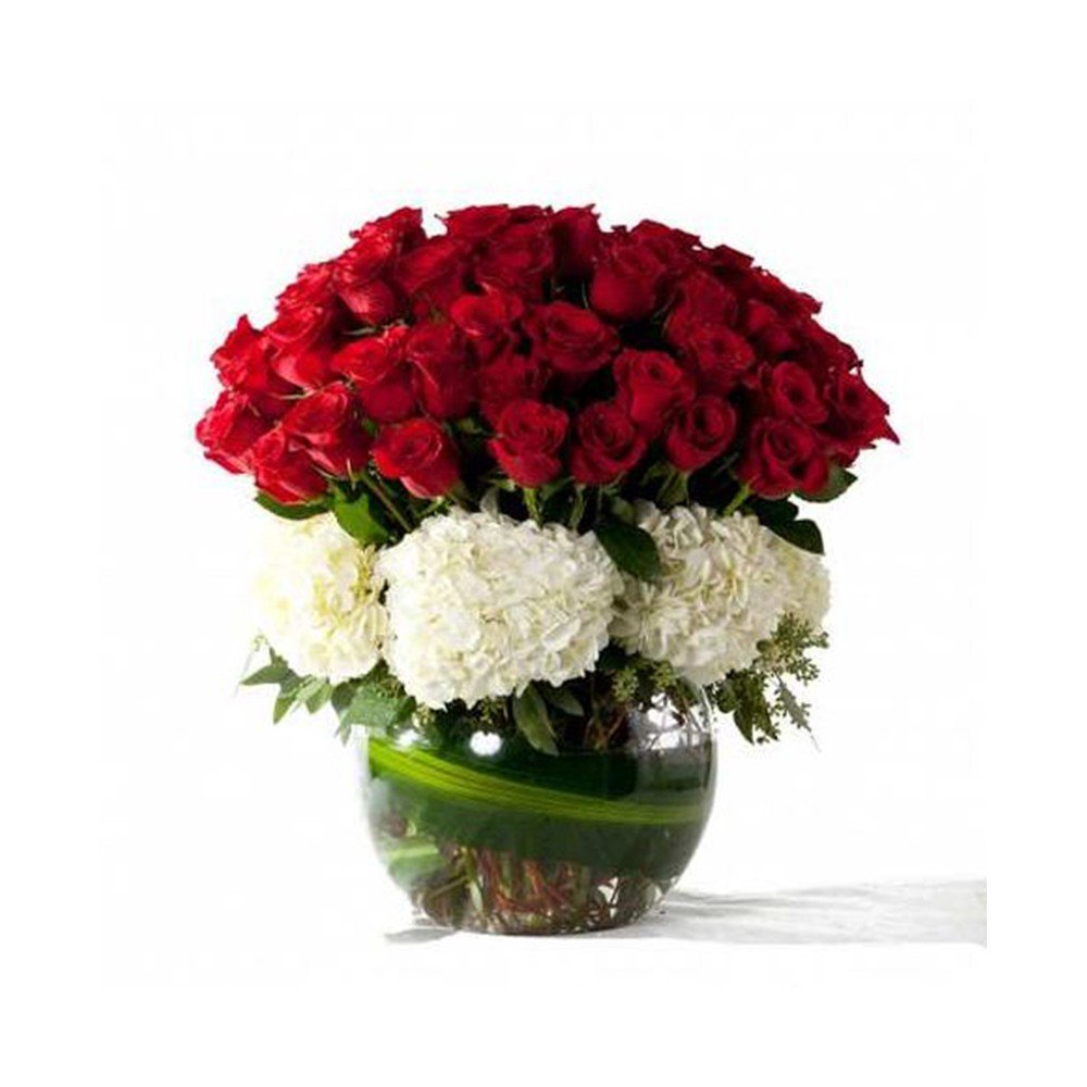 30 Red Rose 5 Hydrangea With Glass Vase