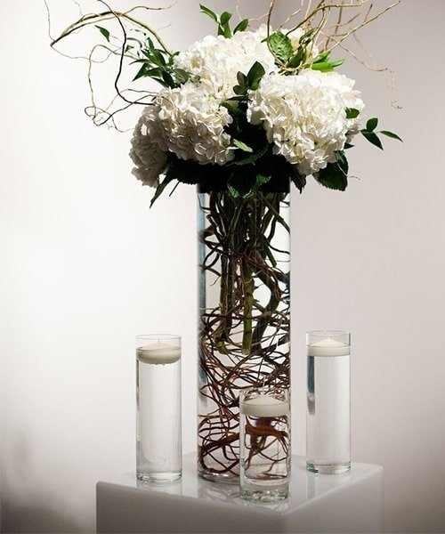 7 Stem White Hydrangea 5 Stem Salix In Glass Vase