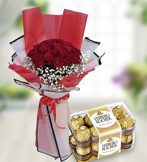Romantic 12 Red Rose Bouquet With Ferrero Rocher Chocolates