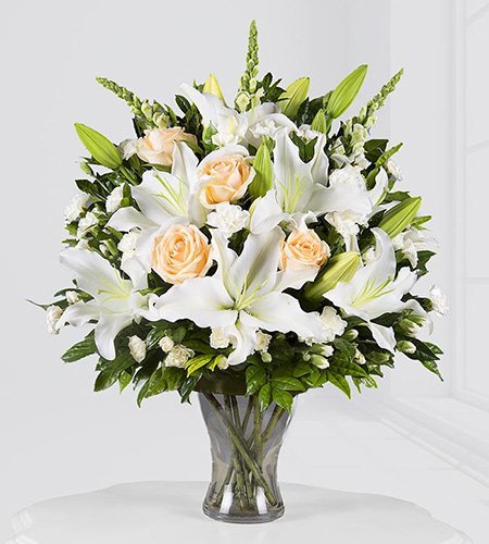 White Lily And Yellow Rose Glass Vase Arrangement