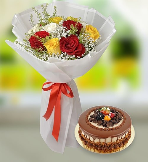 Delicate  Flower Bouquet With Chocolate Cake