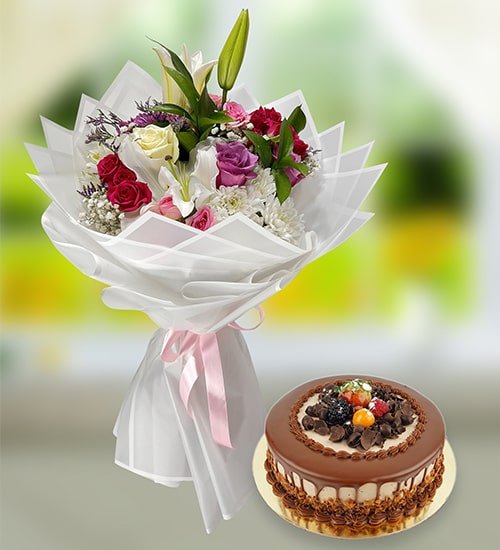 Gorgeous Mix Flower Bouquet With Chocolate Cake