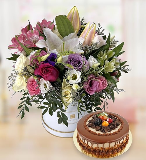 Marvelous Mix Flower Box With Chocolate Cake